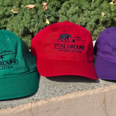 Vital Ground logoed hats in green, purple, and red