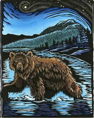Scan of a Claire Emery print that's included in the 2026 calendar which depicts a grizzly in a river in front of a mountain