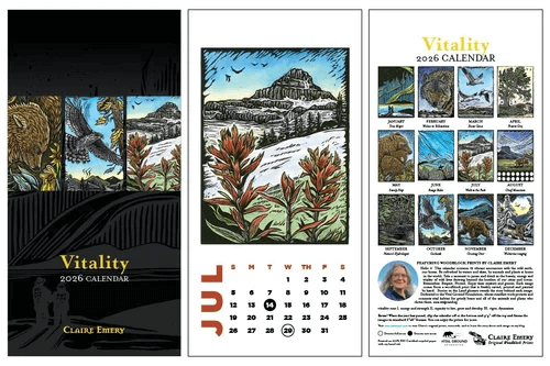 Three photo spread of the Vitality calendar one picture of the cover one picture of July and one picture of the back
